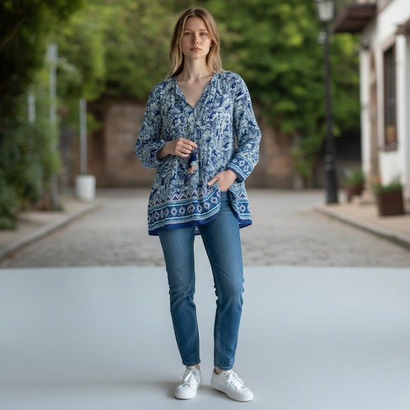 Lily Pulitzer Tops - Lily Pulitzer sz L blue floral boho style long sleeve blouse OO